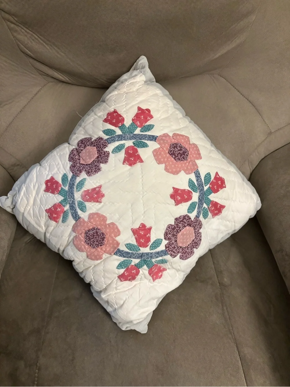 Vintage 90s Elevated Coquette Hand-Quilted Floral Appliqué Square Pillow